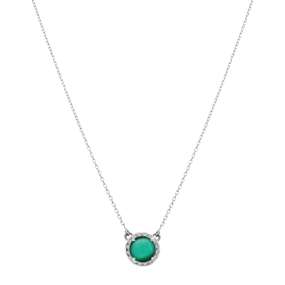 Collier en argent rhodi� cabochon vert fonc� - 40 +5 cm - Vue 2
