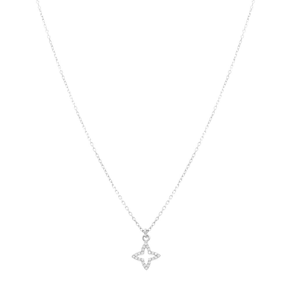 Collier en argent rhodi� avec pendentif tr�fle contour  oxydes blancs sertis -40+5 cm - Vue 2
