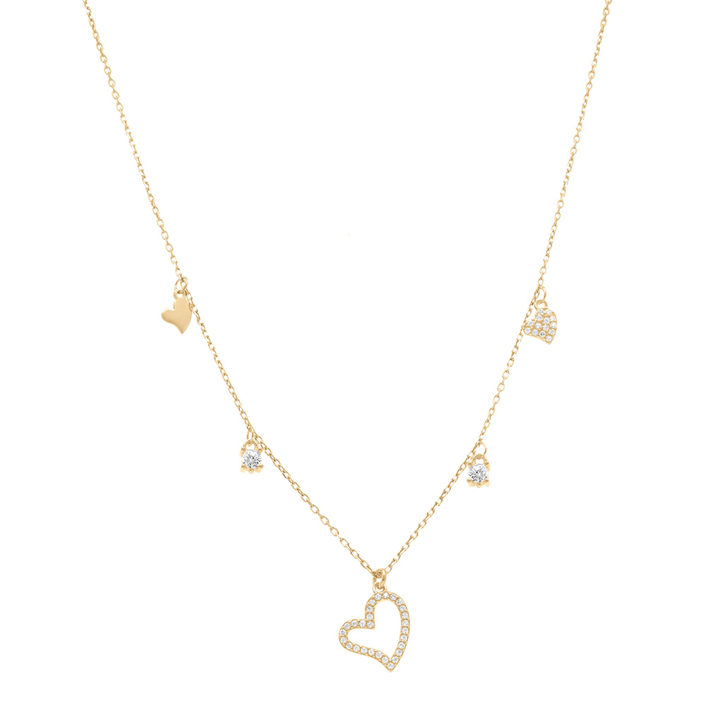 Collier en argent dor� avec multi coeurs lisses et oxydes blancs sertis - 40+5cm - Vue 2