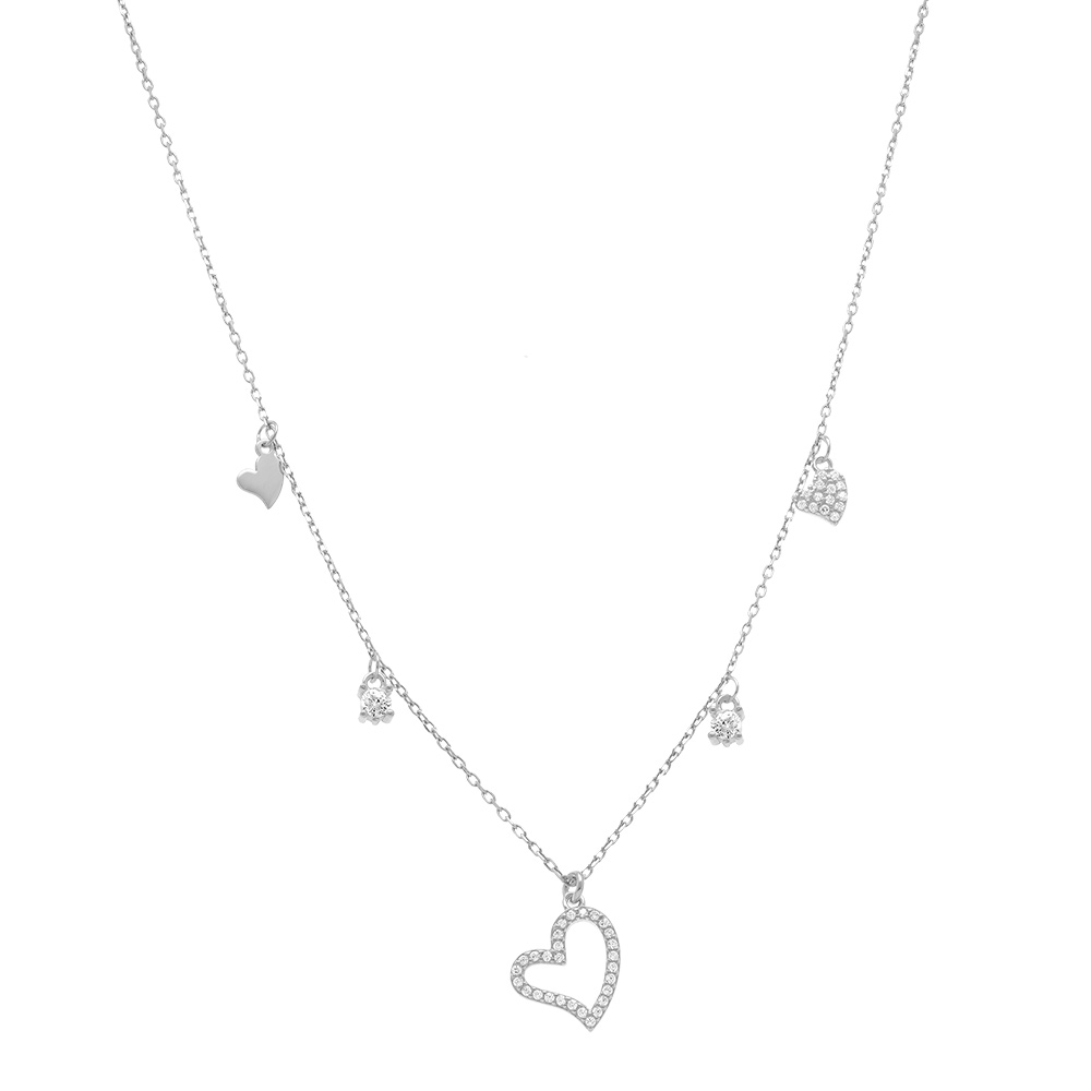 Collier en argent rhodi� multi coeurs lisses et oxydes blancs sertis - 40+5cm - Vue 2