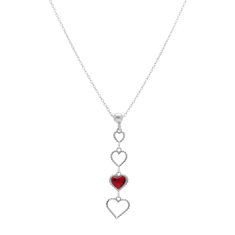Collier en argent rhodi� avec pendentif coeurs ajour�s et un oxyde rouge - 40+5cm - Vue 2