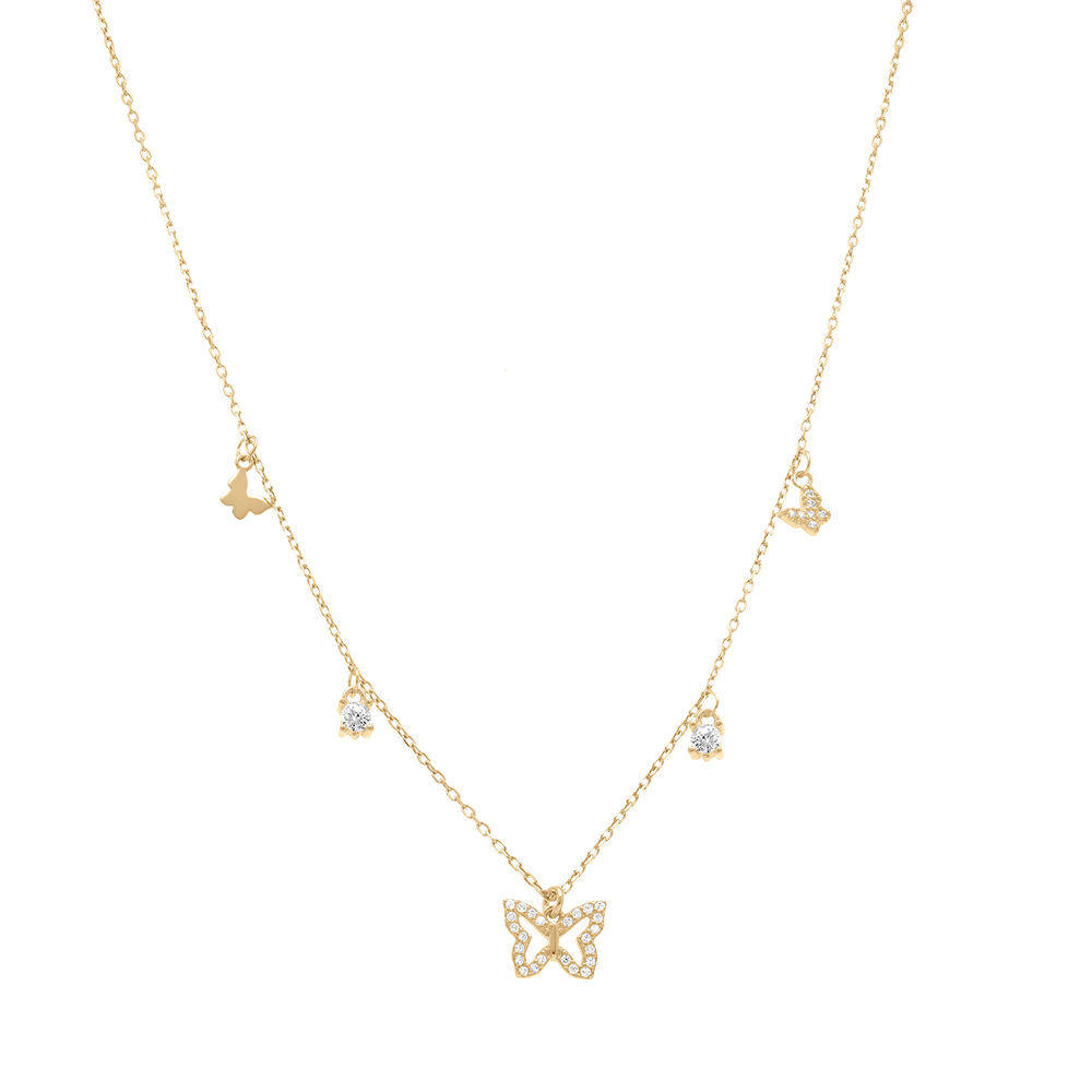 Collier en argent dor� avec pampilles papillons et oxydes blancs sertis - 40+5cm - Vue 2