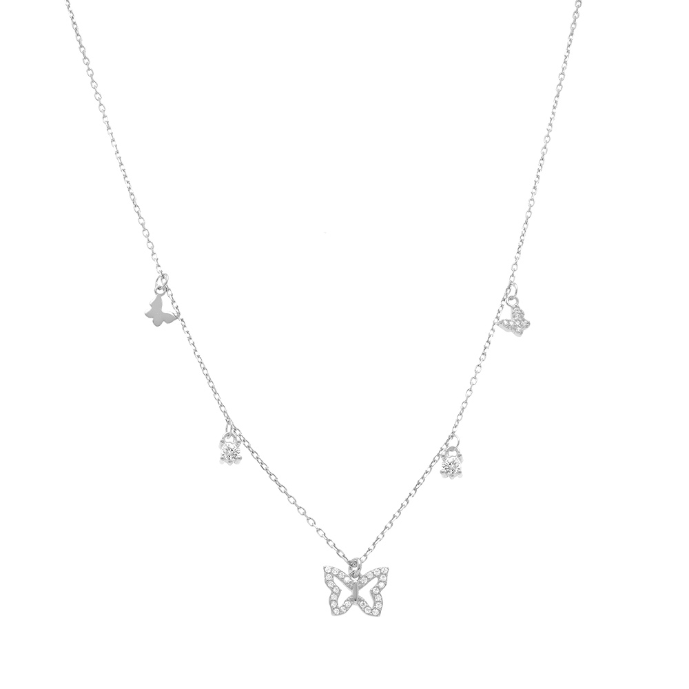 Collier en argent rhodi� avec pampilles papillons et oxydes blancs sertis - 40+5cm - Vue 2
