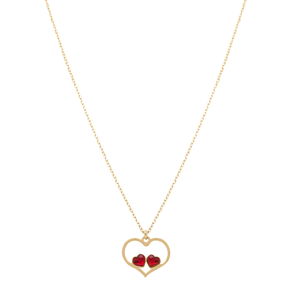 Collier en argent dor� avec pendentif coeur ajour� et deux oxydes rouges - 40+5cm - Vue 2