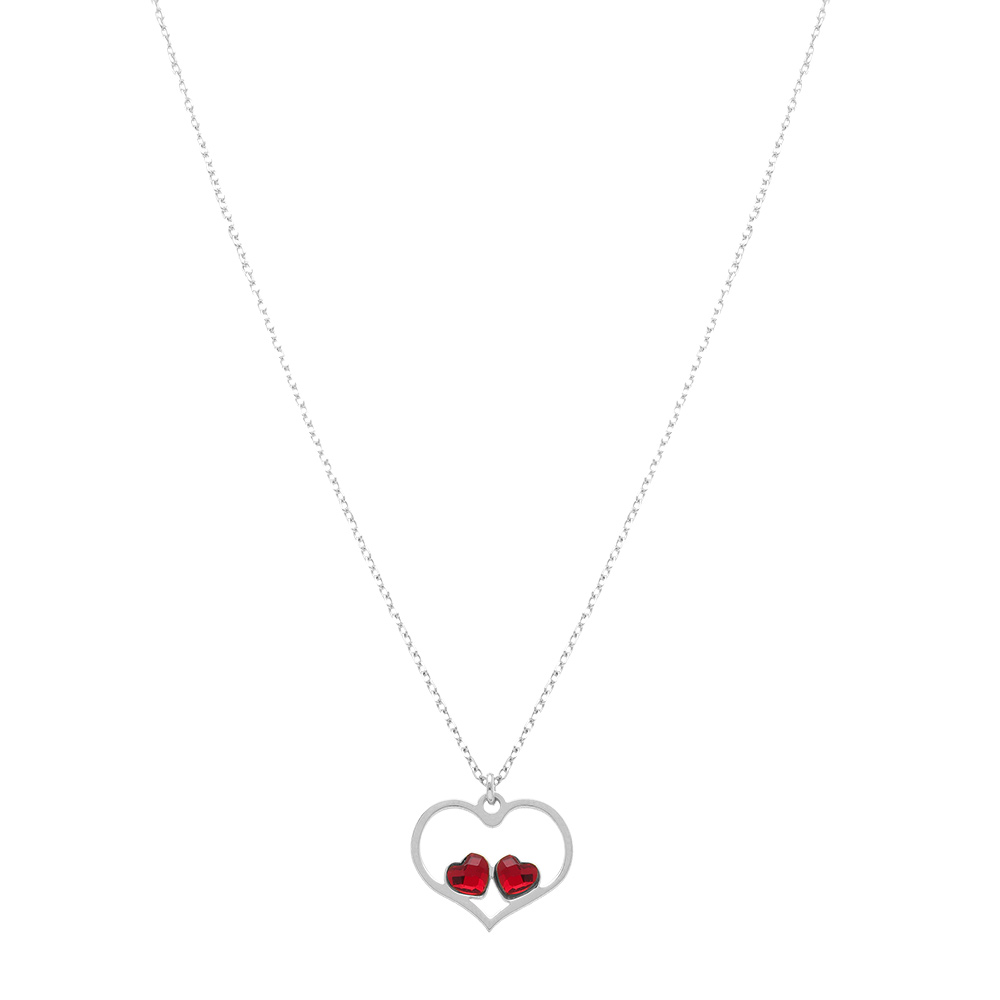 Collier en argent rhodi� avec pendentif coeur ajour� et deux  oxydes rouges - 40+5cm - Vue 2