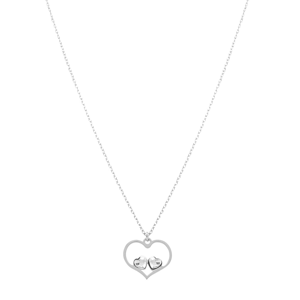 Collier en argent rhodi� avec pendentif coeur ajour� et deux oxydes blancs - 40+5cm - Vue 2