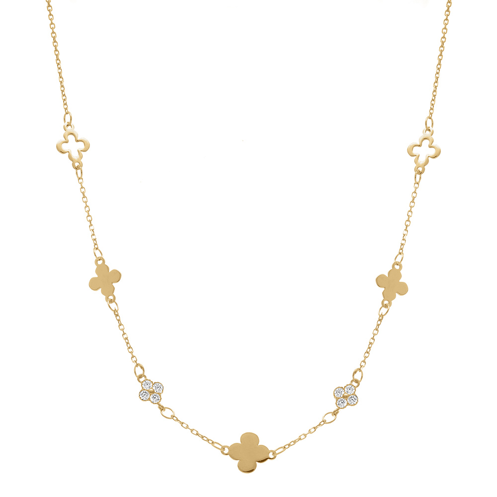 Collier en argent dor� avec tr�fles lisses et oxydes blancs - 40+5cm - Vue 2