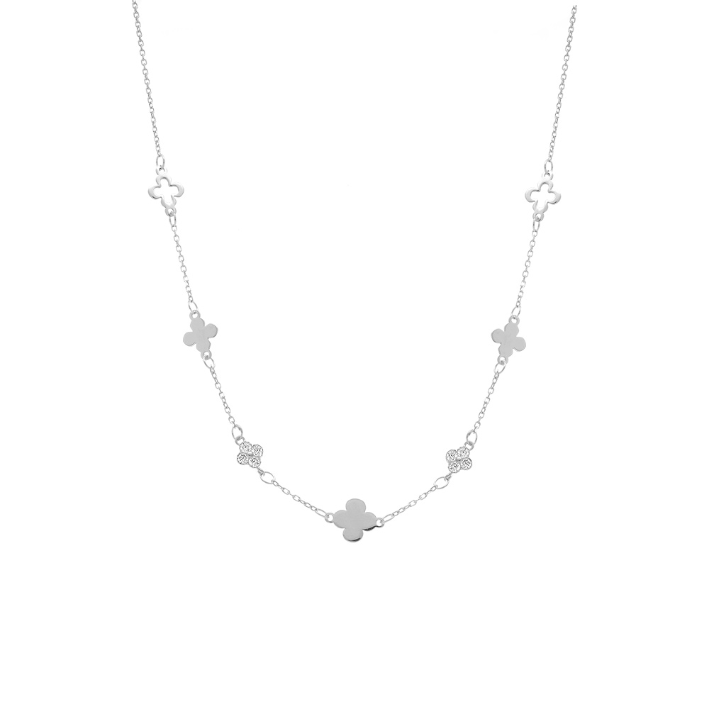 Collier en argent rhodi� avec tr�fles lisses et  oxydes blancs - 40+5cm - Vue 2