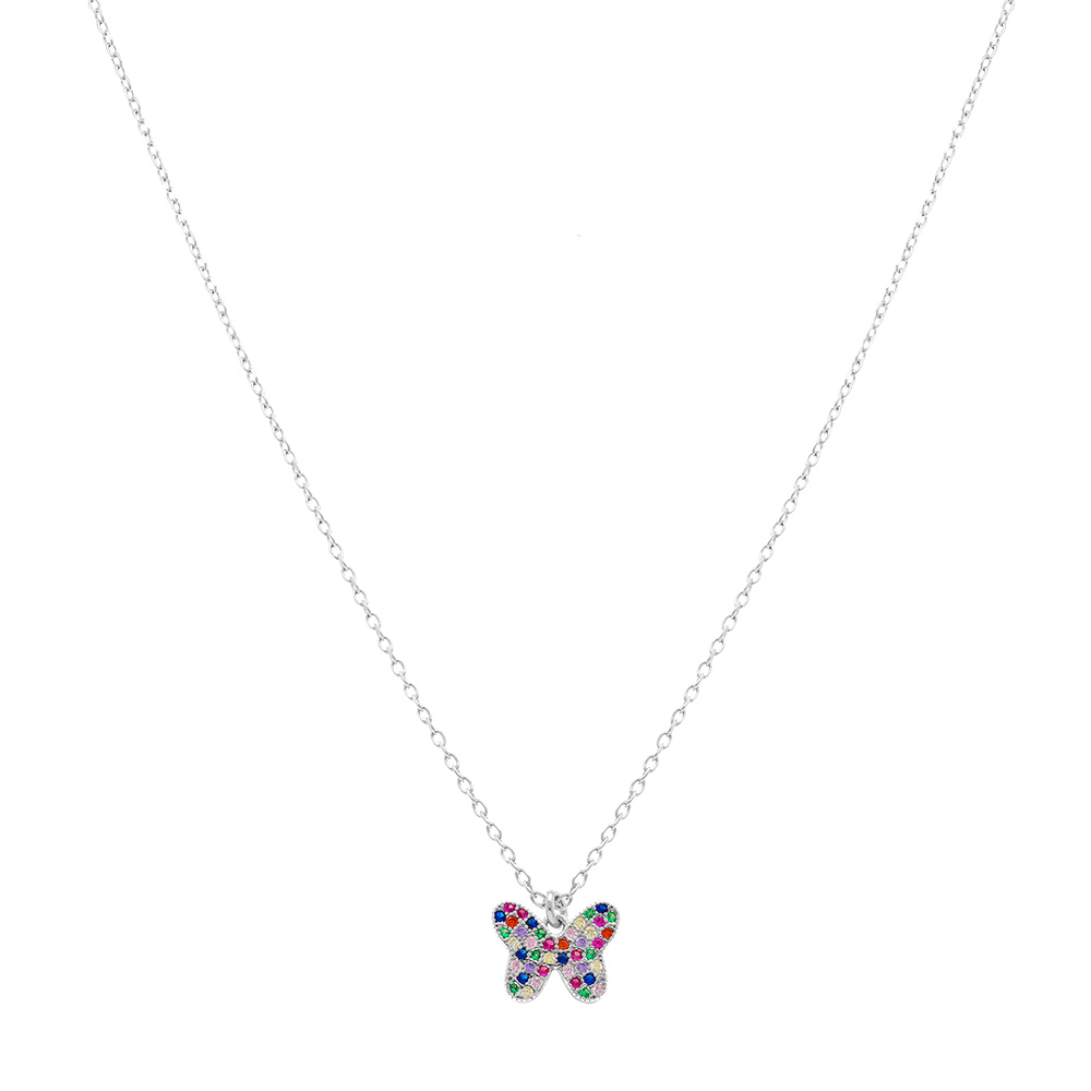 Collier en argent rhodi� avec papillon orn� d\'oxydes multi couleurs sertis - 40+5cm - Vue 2