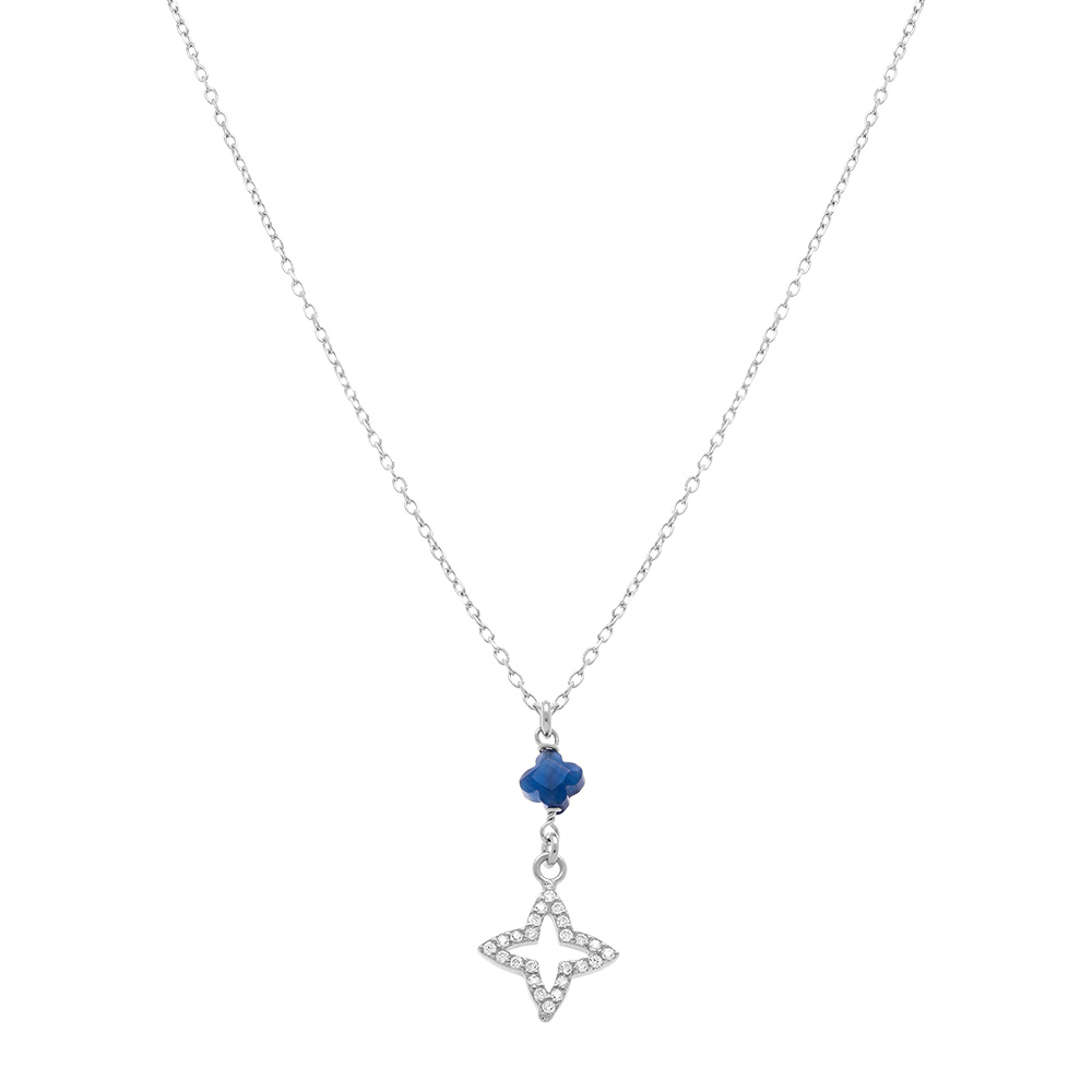 Collier en argent rhodi� avec pendentif tr�fle en r�sine bleue et tr�fle d\'oxydes blancs sertis - 40+5 cm - Vue 2