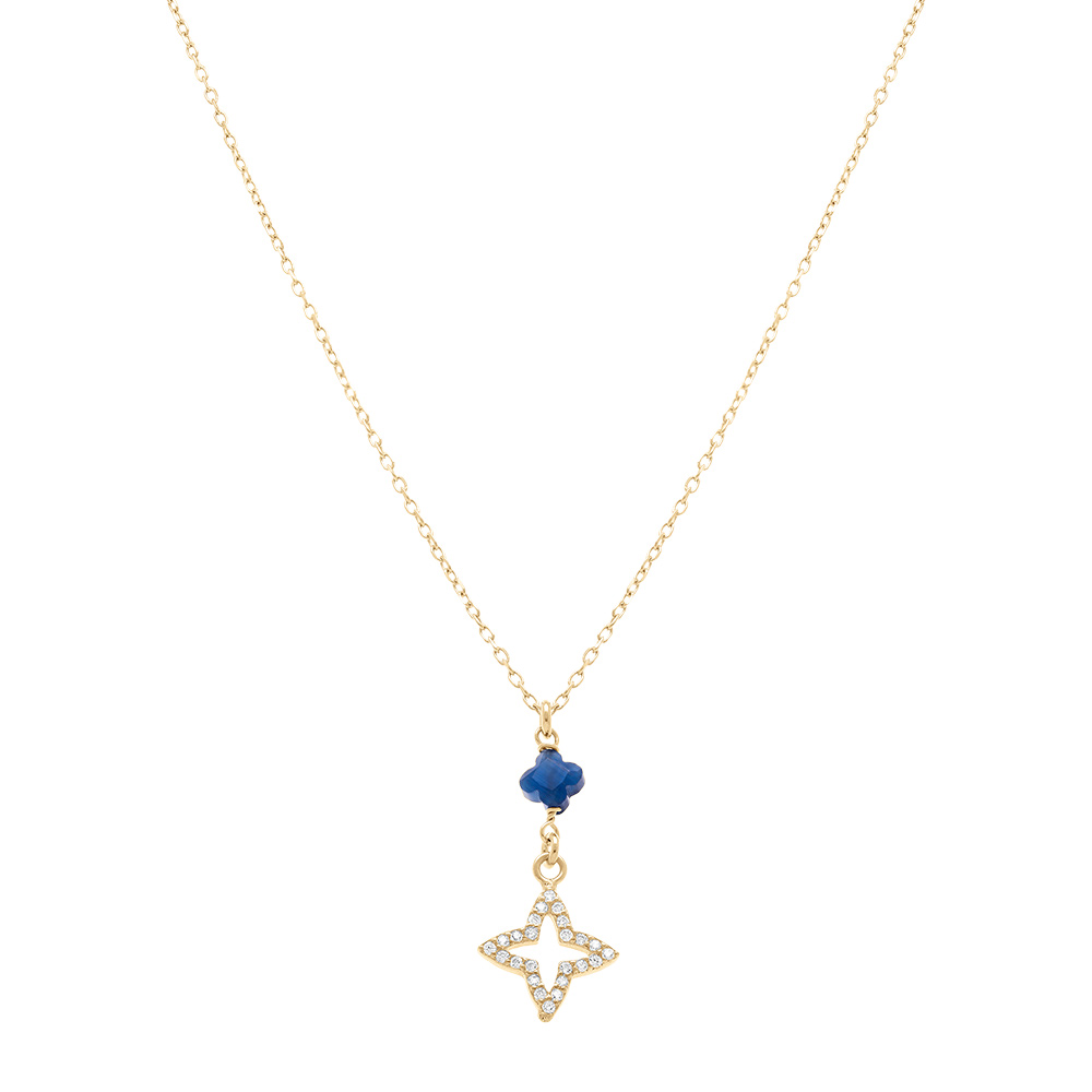 Collier en argent dor� avec pedentif �toile en r�sine bleue et �toile entour�e d\'oxydes blancs sertis - 40+5 cm - Vue 2
