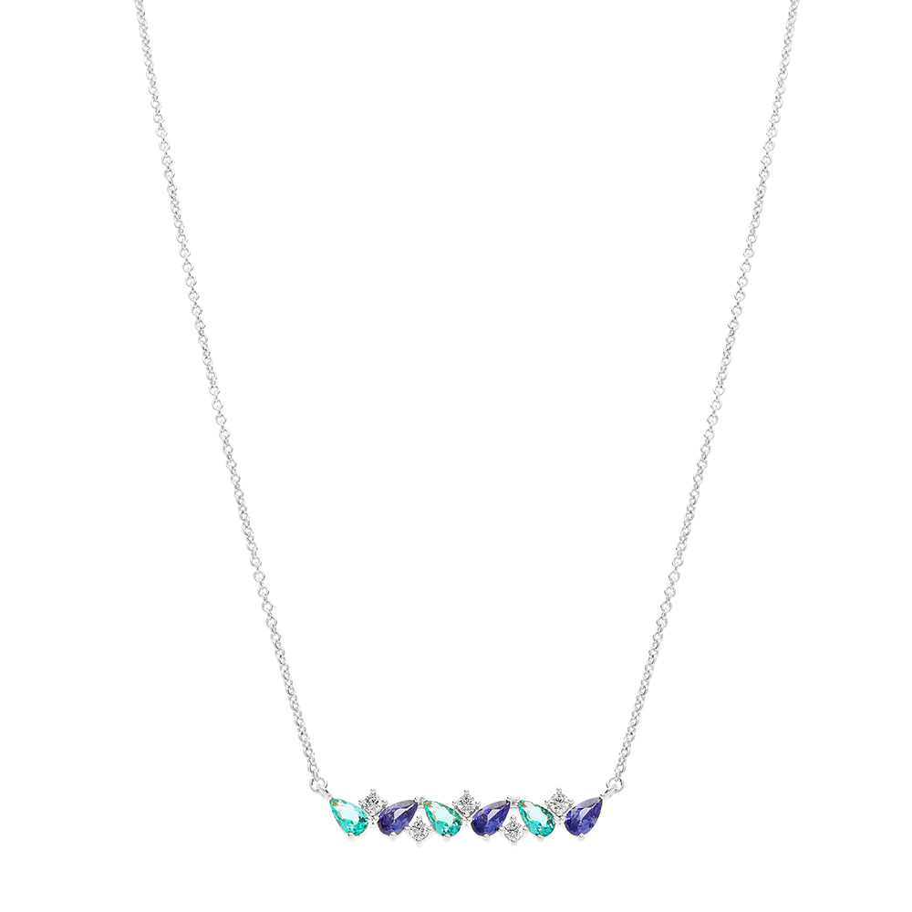 Collier en argent rhodi� navettes bleues et blanches - 42+3cm - Vue 2