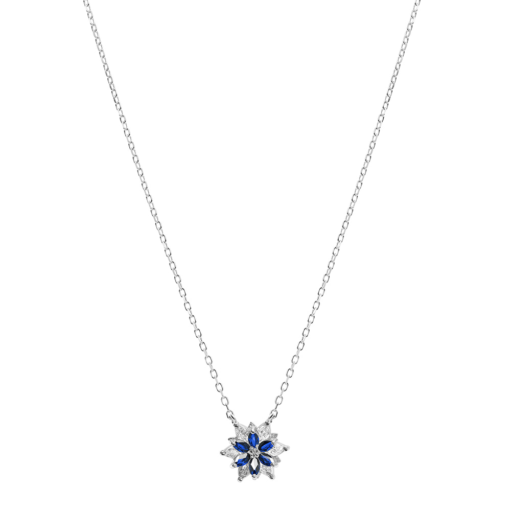 Collier en argent rhodi� avec fleur d\'oxydes blancs et bleus sertis - 40+5cm - Vue 2
