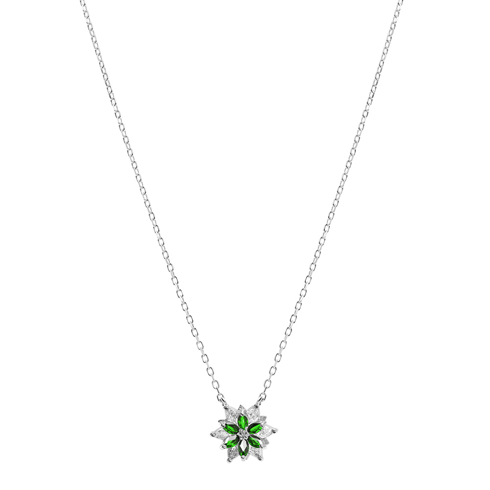 Collier en argent rhodi� avec fleur d\'oxydes blancs et verts sertis - 40+5cm - Vue 2