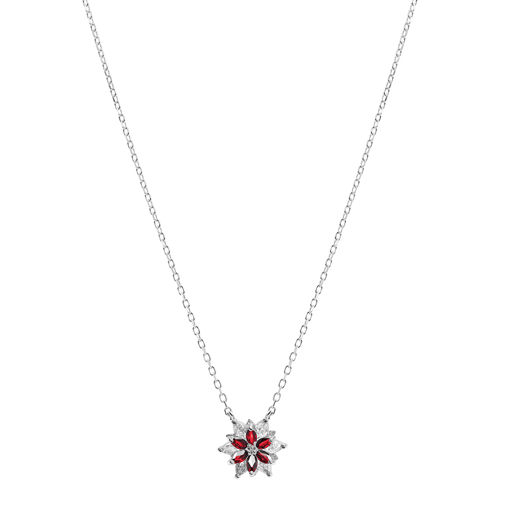 Collier en argent rhodi�  avec fleur d\'oxydes blancs et rouges sertis - 40+5cm - Vue 2