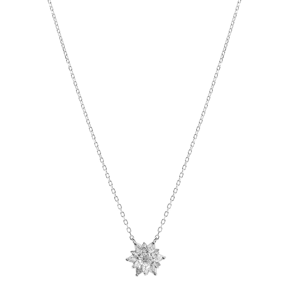 Collier en argent rhodi� avec fleur 10mm d\'oxydes blancs sertis - 40+5cm - Vue 2