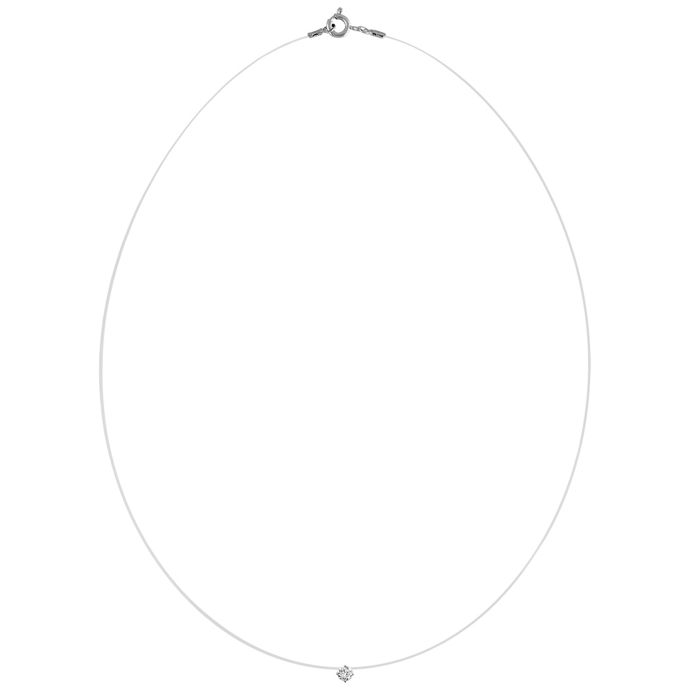 Collier en argent rhodi� fil en nylon avec pendentif oxyde blanc solitaire de 3mm - longueur 42cm - Vue 2