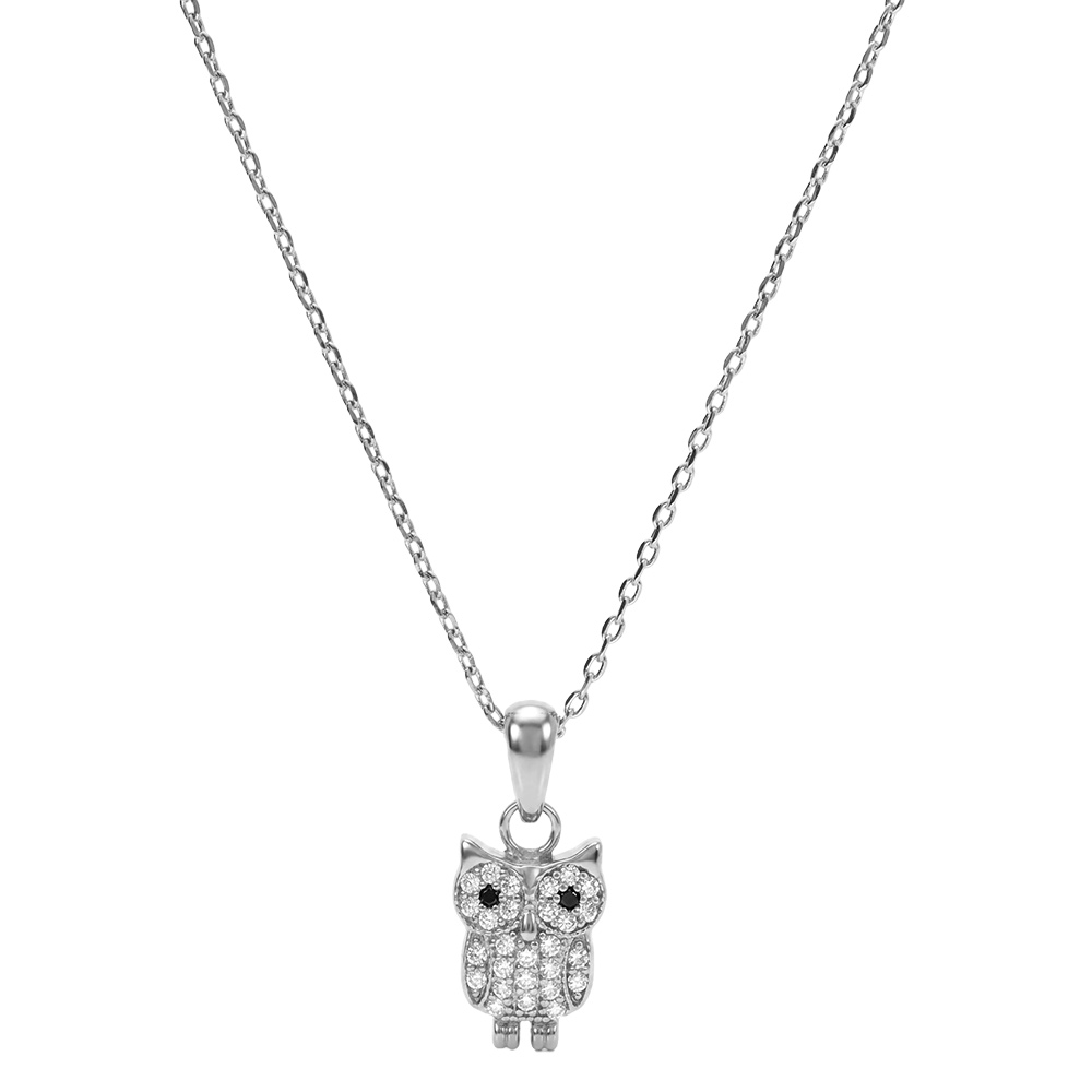 Collier en argent rhodi� cha�ne avec pendentif chouette orn�e d\'oxydes blancs sertis et yeux noirs - longueur 42cm + 3cm de rallonge - Vue 2