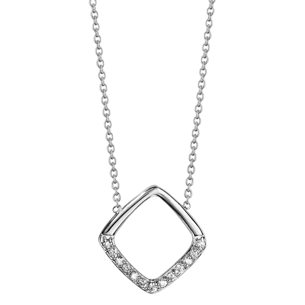Collier en argent rhodi� cha�ne avec pendentif carr� ajour� avec moiti� orn�e d\'oxydes blancs sertis - longueur 39cm + 3cm de rallonge - Vue 2