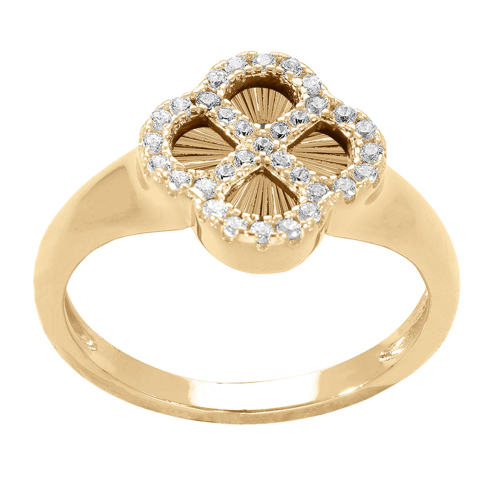 Bague en argent dor� tr�fle sur fond diamant� contour oxydes blancs - Vue 2