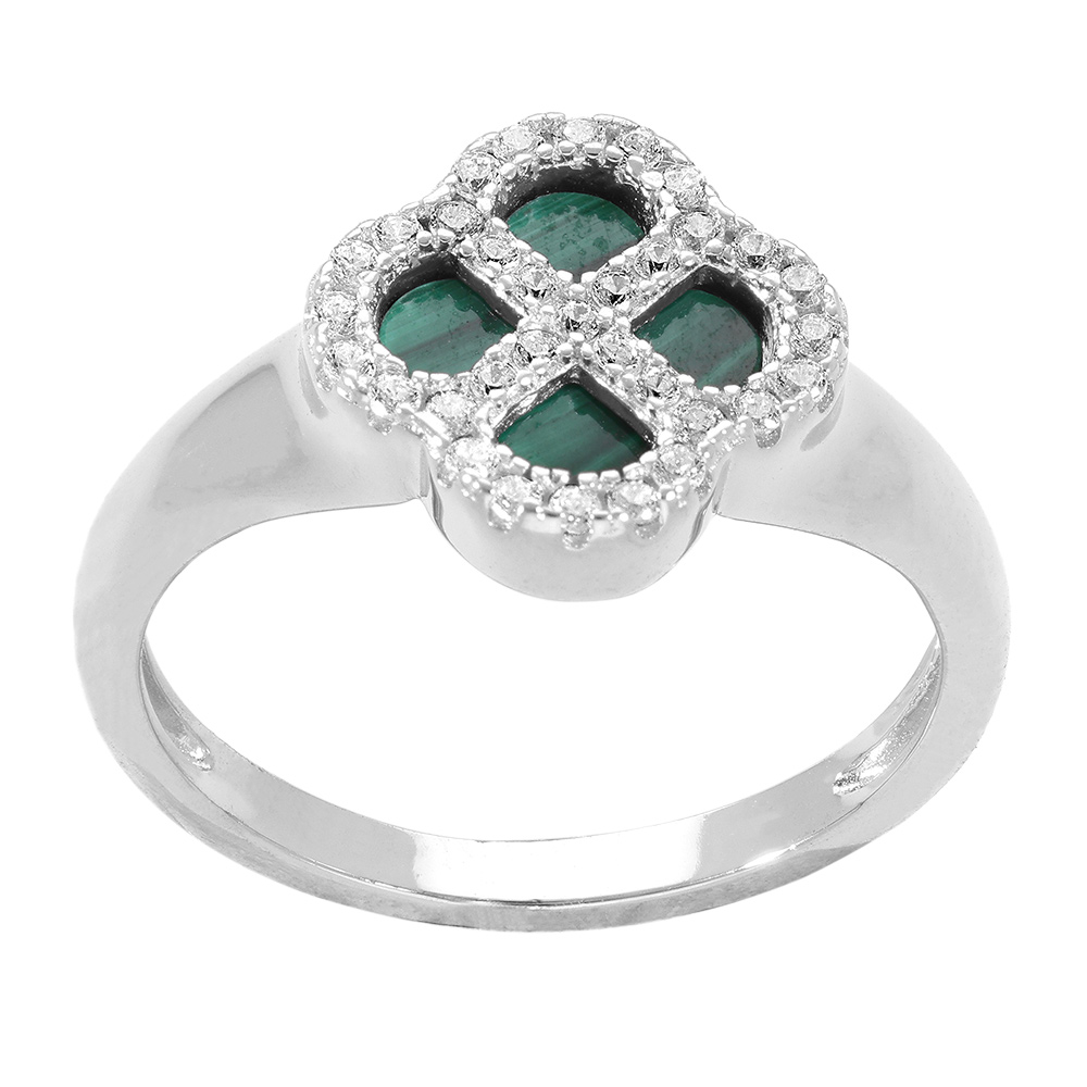 Bague en argent rhodi� tr�fle malachite, contour oxydes blancs - Vue 2
