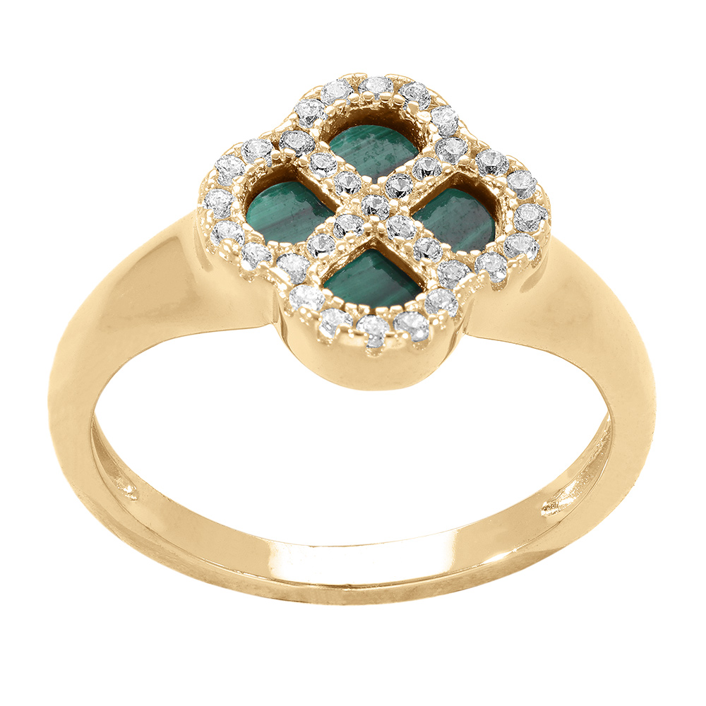 Bague en argent dor� tr�fle malachite v�ritable, contour en oxydes blancs - Vue 2