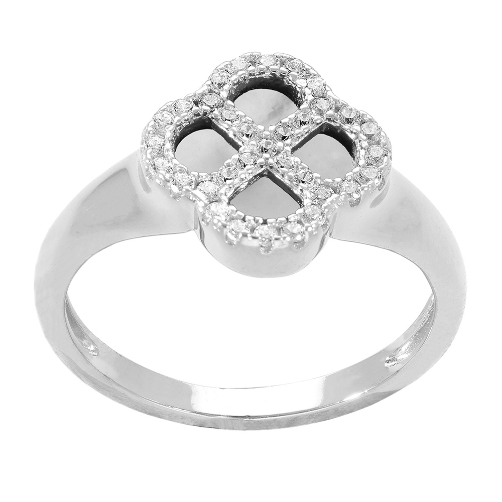 Bague en argent rhodi� tr�fle agate blanche v�ritable, contour oxydes blancs - Vue 2