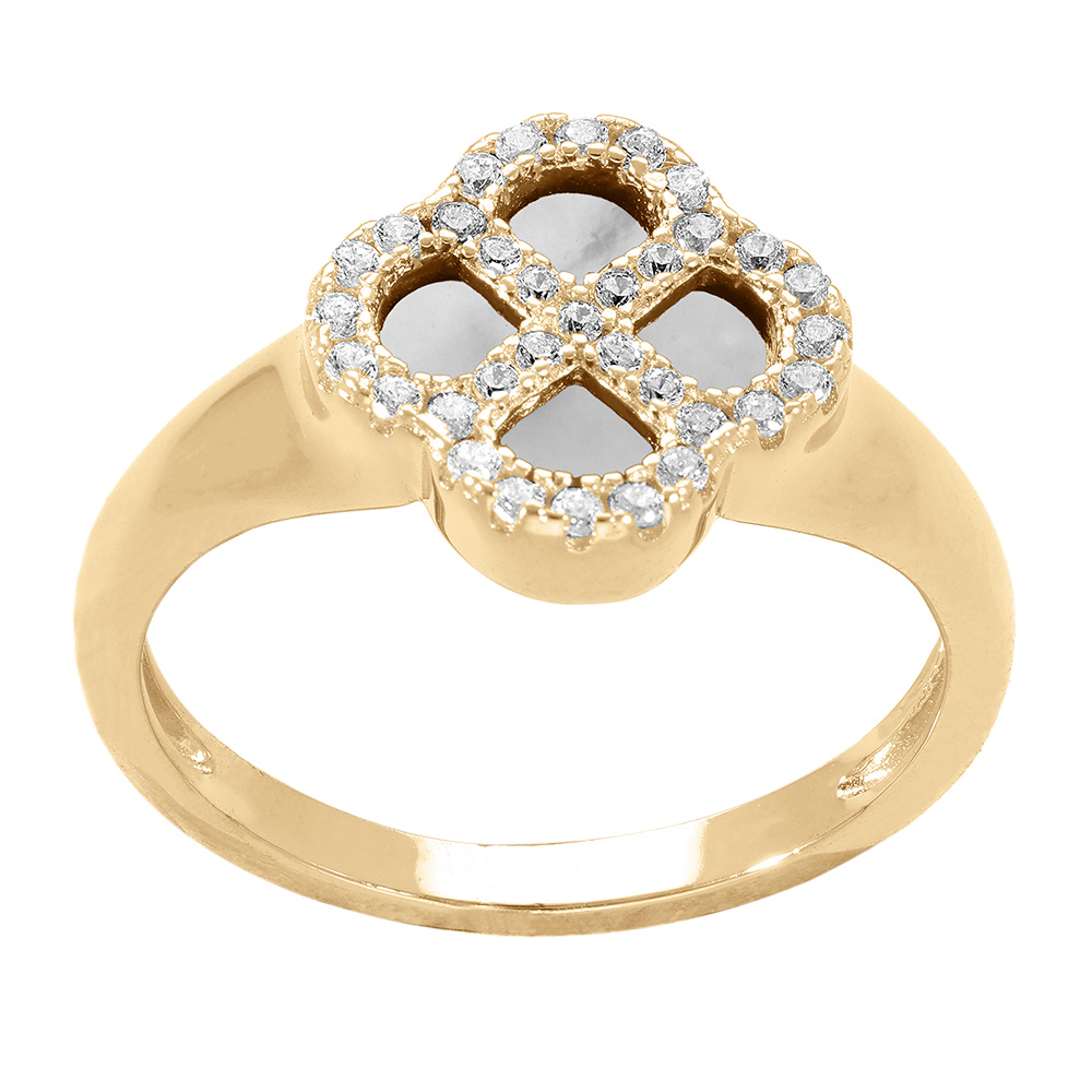 Bague en argent dor� tr�fle nacre blanche v�ritable, contour en  oxydes blancs - Vue 2