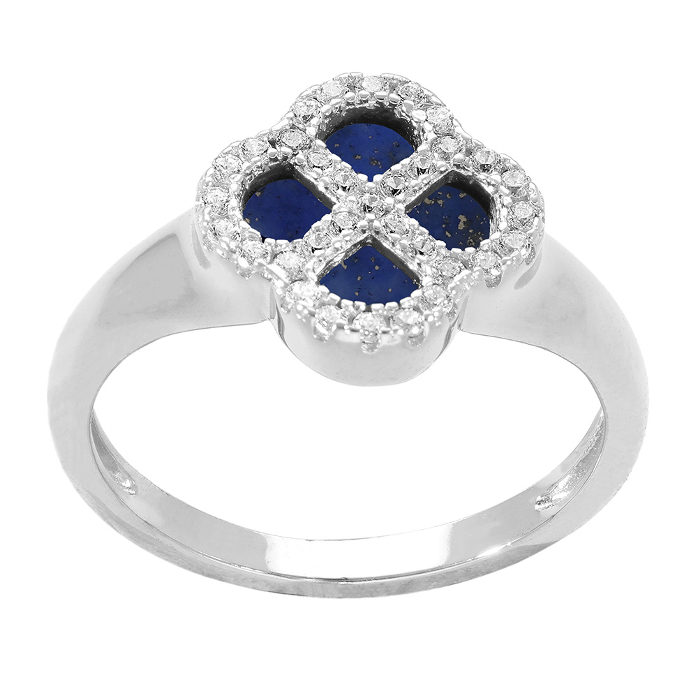 Bague en argent rhodi� tr�fle agate v�ritable bleu fonc�, contour d\'oxydes blancs - Vue 2