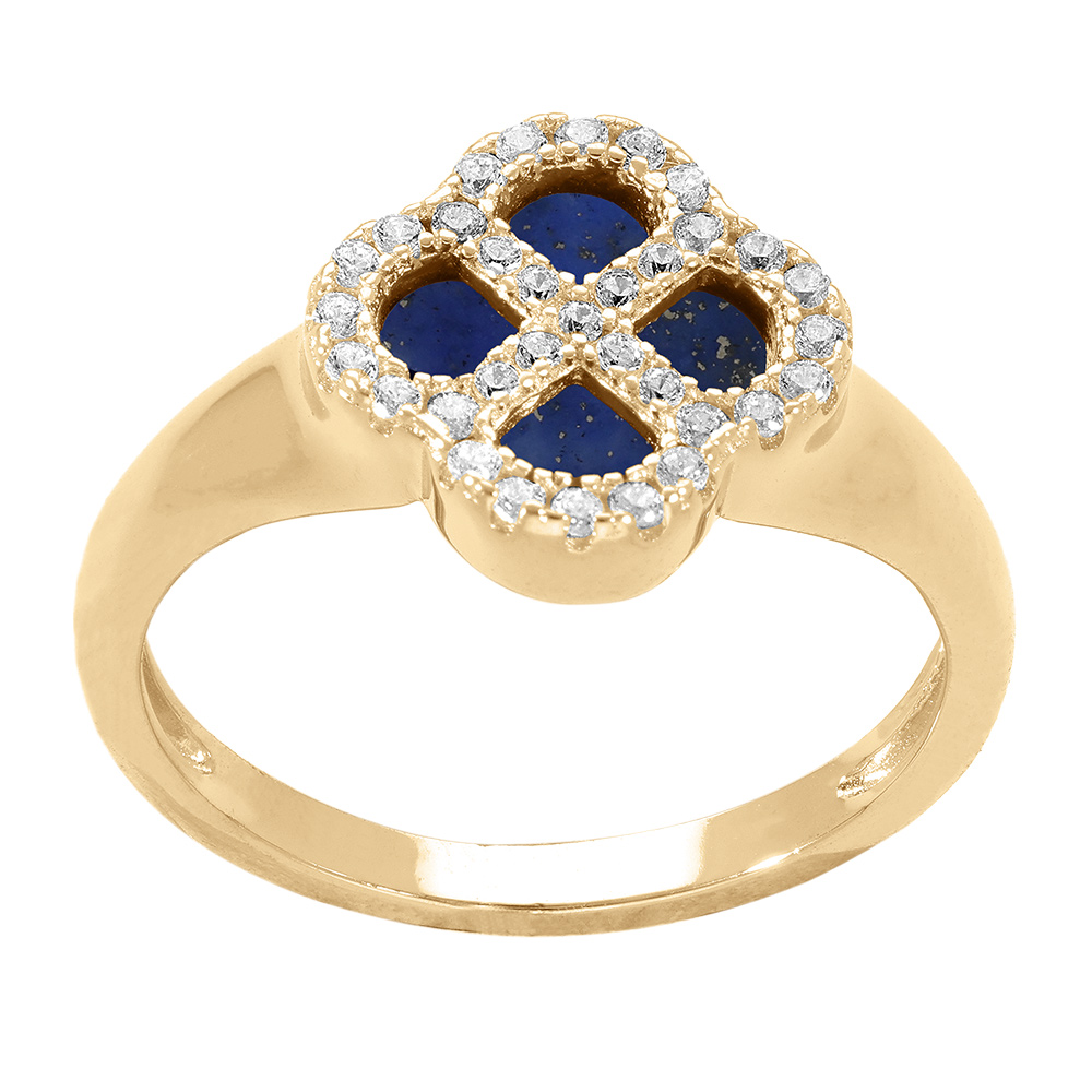 Bague en argent dor� tr�fle verre bleu fonc� contour oxydes blancs - Vue 2