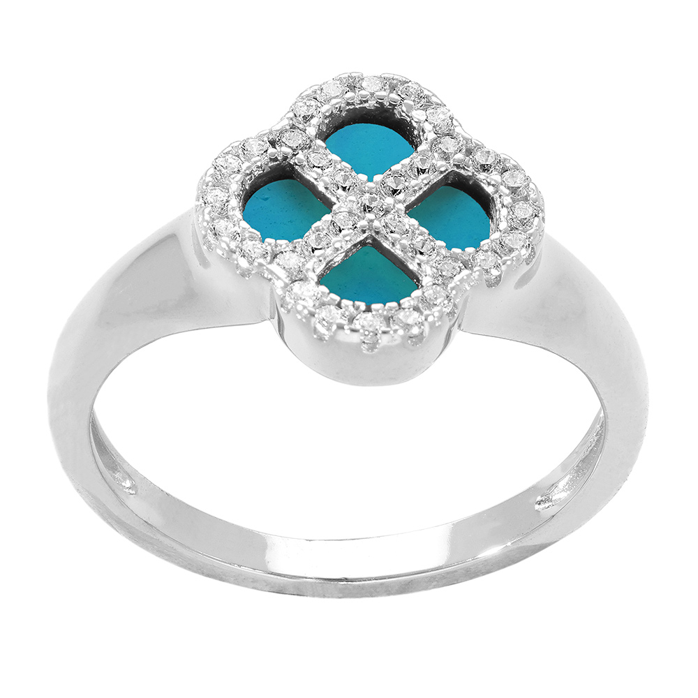 Bague en argent rhodi� tr�fle agate v�ritable bleu turquoise, contour d\'oxydes blancs - Vue 2