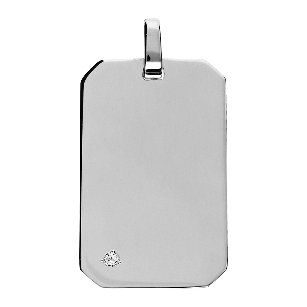 Pendentif en argent rhodi� plaque G.I � graver 25*14mm pans coup�s avec oxyde blanc serti - Vue 2