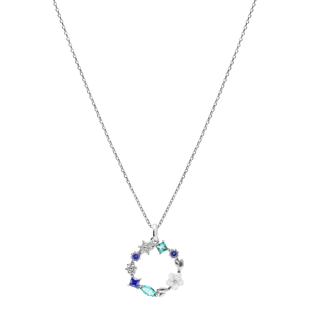 Pendentif argent rhodi� fleur d\' oxydes de nuance bleue et sa fleur de nacre - Vue 2