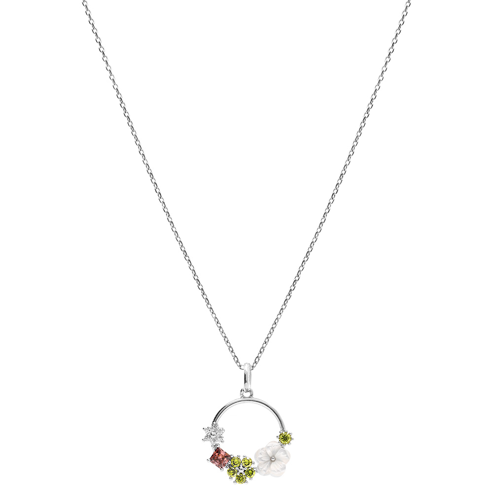 Pendentif en argent rhodi� fleur d\'oxydes multi couleur et sa fleur de nacre - Vue 2