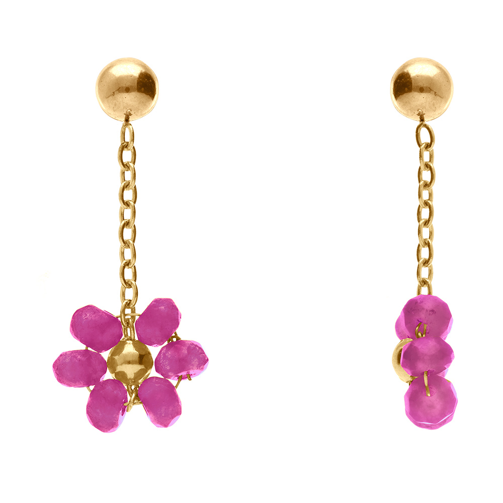 Boucles d\'oreille tige en acier dor� pendante fleurs fushia - Vue 2