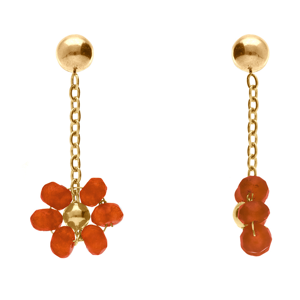 Boucles d\'oreille tige en acier dor� pendante fleurs orange - Vue 2