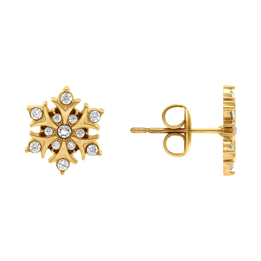 Boucles d\'oreille tige en acier dor� flocon de neige 11mm par� d\'oxyde blancs sertis - Vue 2