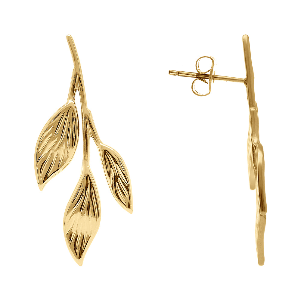 Boucles d\'oreille tige en acier dor� pendantes feuillage - Vue 2