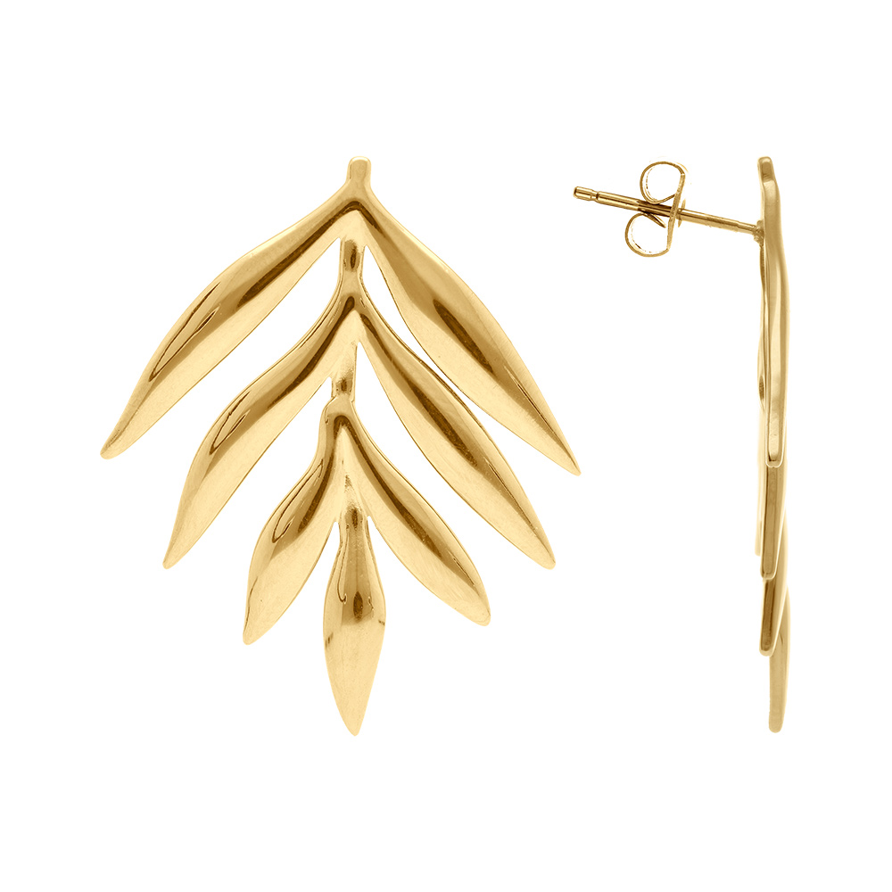 Boucles d\'oreille tige en acier dor� pendantes motif feuillage - Vue 2