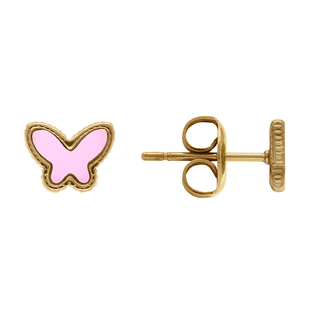 Boucles d\'oreille tige en acier dor� forme papillon nacre rose imitation et contour dor� - Vue 2
