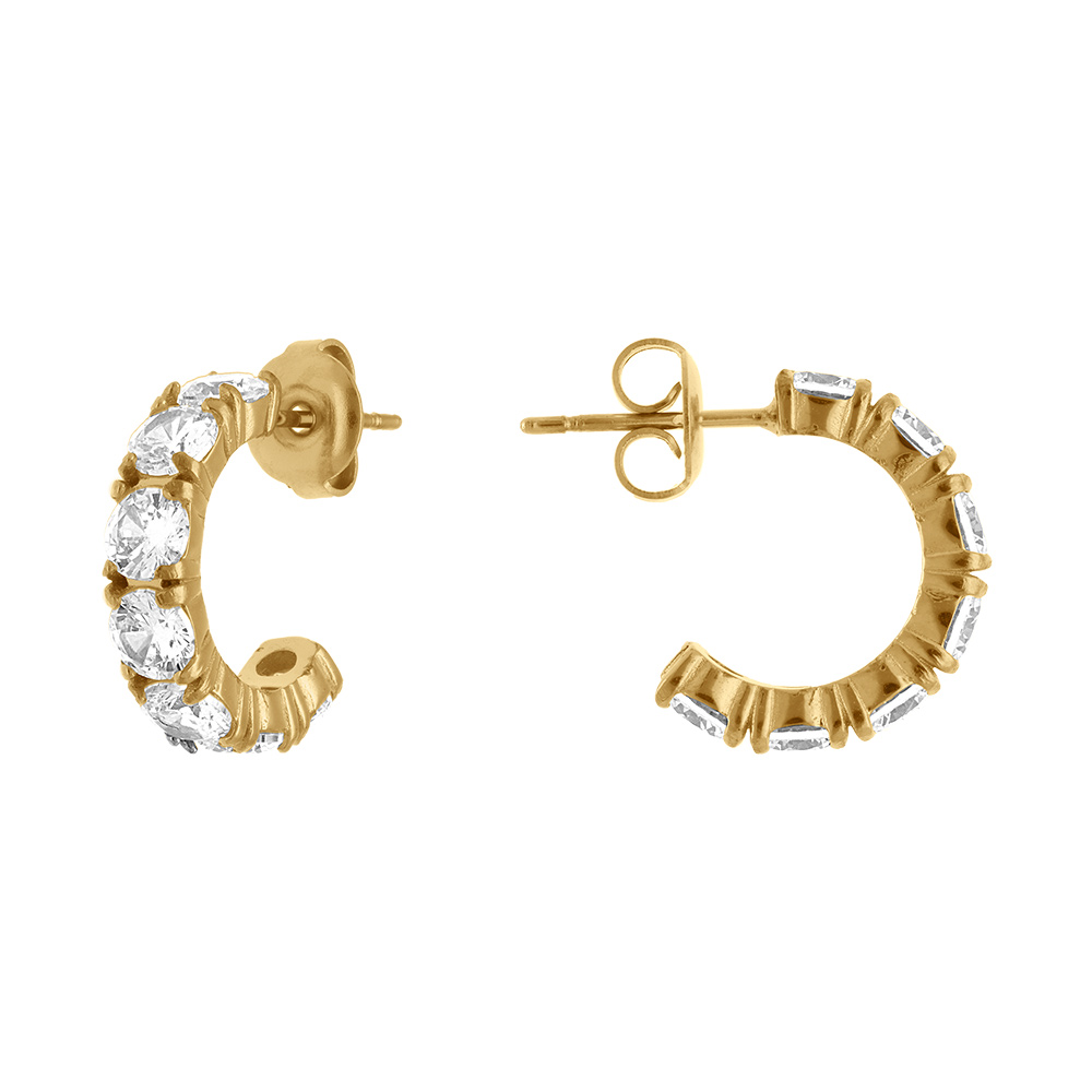 Boucles d\'oreille tige demi cr�oles en acier dor� pav�es d\'oxydes blancs sertis - Vue 2