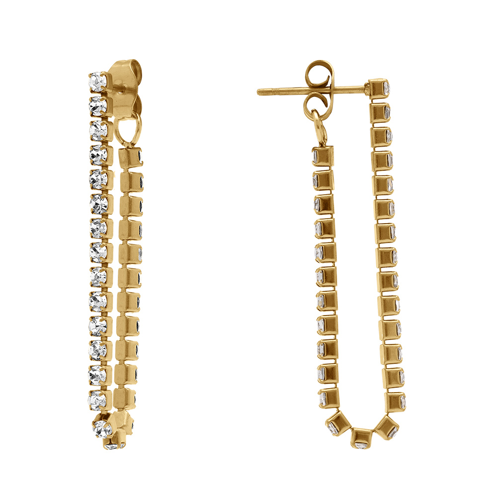Boucles d\'oreille tige en acier dor�, cha�nette d\'oxydes blancs sertis - Vue 2