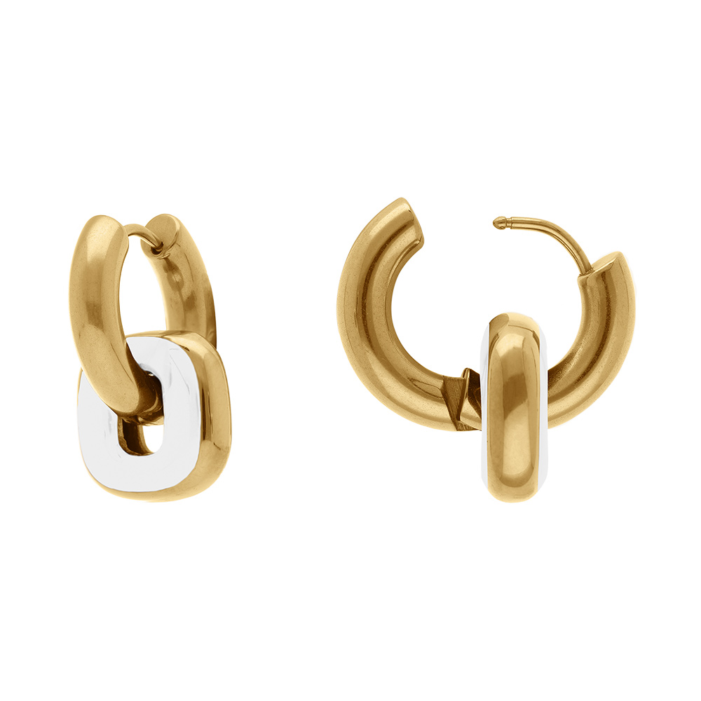 Cr�oles en acier dor� maillons  entrem�l�s  dont un en r�sine blanche - Vue 2