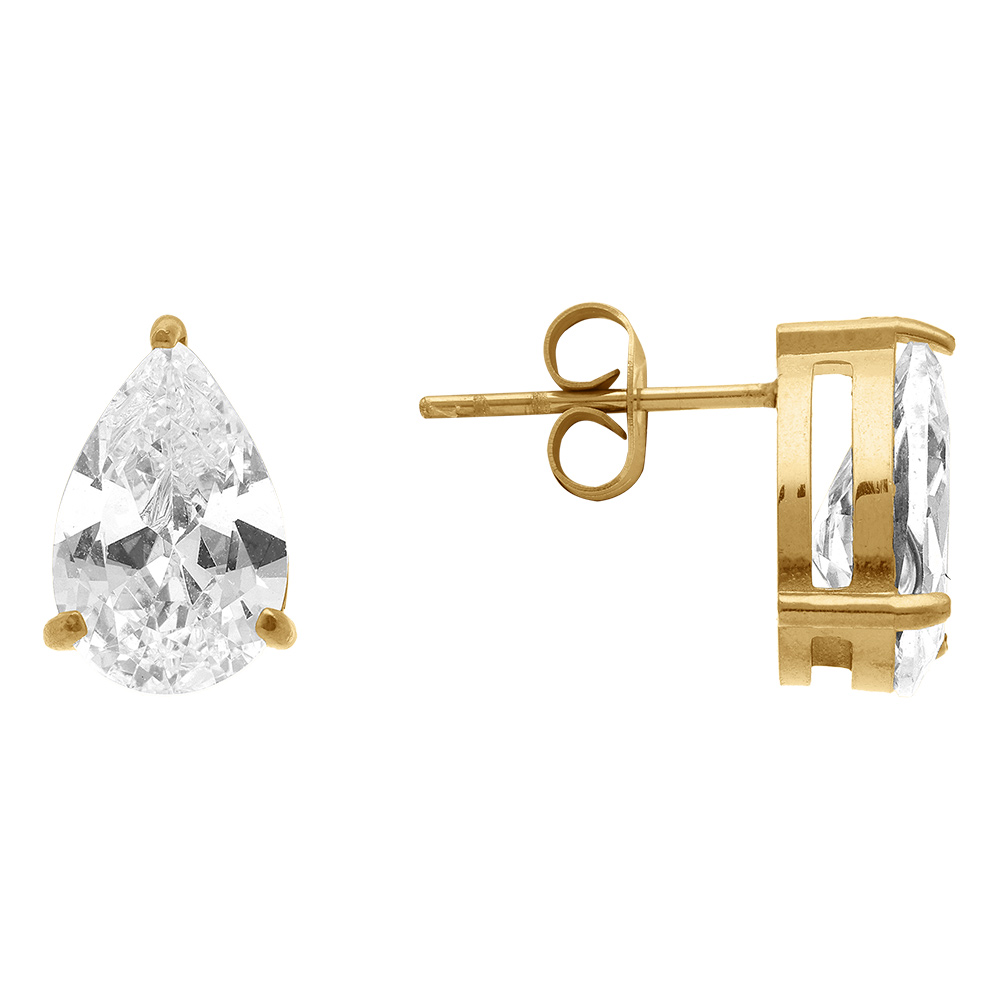 Boucles d\'oreille tige en acier dor� forme poire pav� d oxyde blanc serti  - 0.81cm x 0.26cm - Vue 2