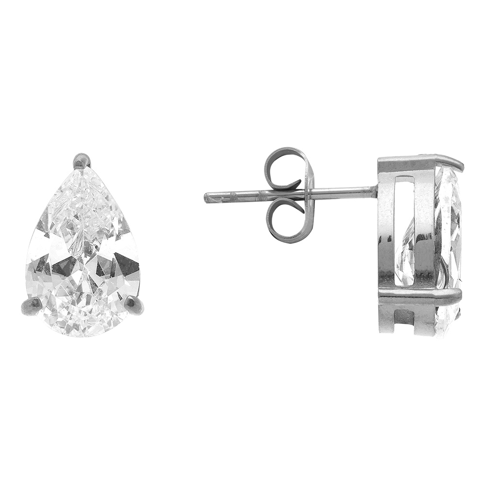 Boucles d\'oreille tige en acier forme poire avec oxyde blanc serti - 8.1mm X 2.6mm - Vue 2