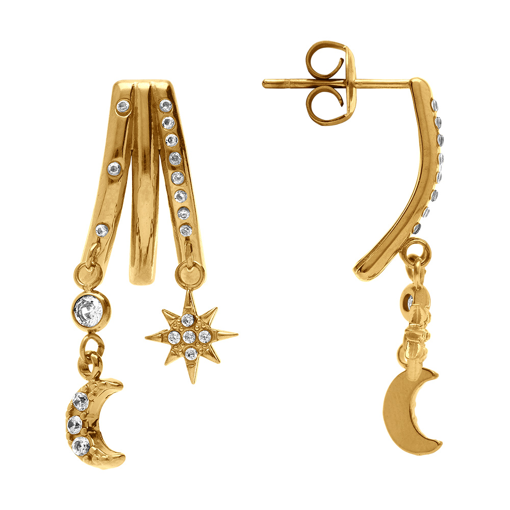 Boucles d\'oreille tige en acier dor� 3 rangs avec etoile et lune orn�es d\'oxydes blancs sertis - 40+5cm - Vue 2