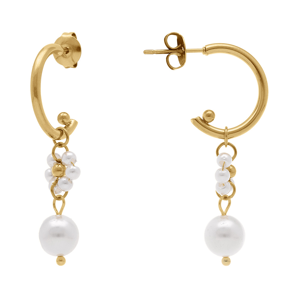 Boucles d\'oreille en acier dor�  fleur et boule blanche pendantes - Vue 2