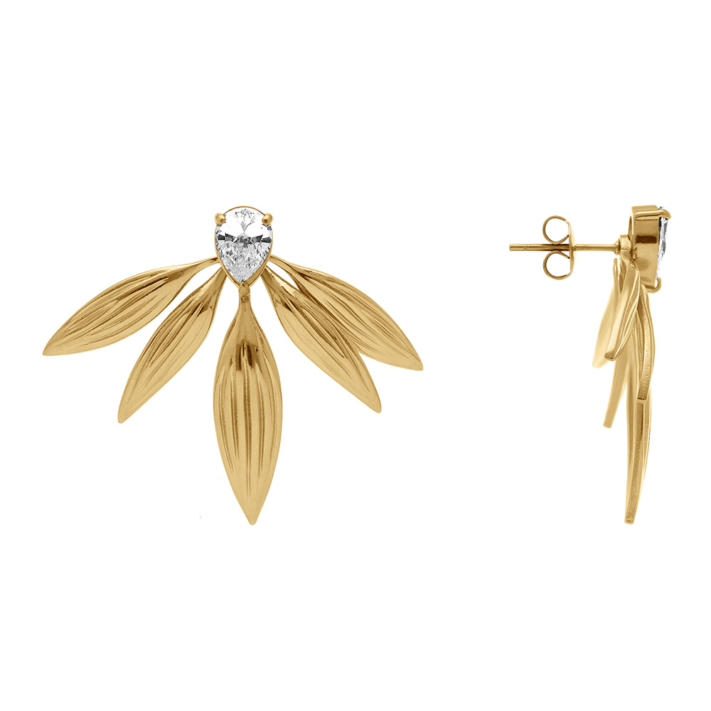 Boucles d\'oreille tige en acier dor forme demi fleur 34x45mm avec un oxyde blanc serti en forme de goutte - Vue 2