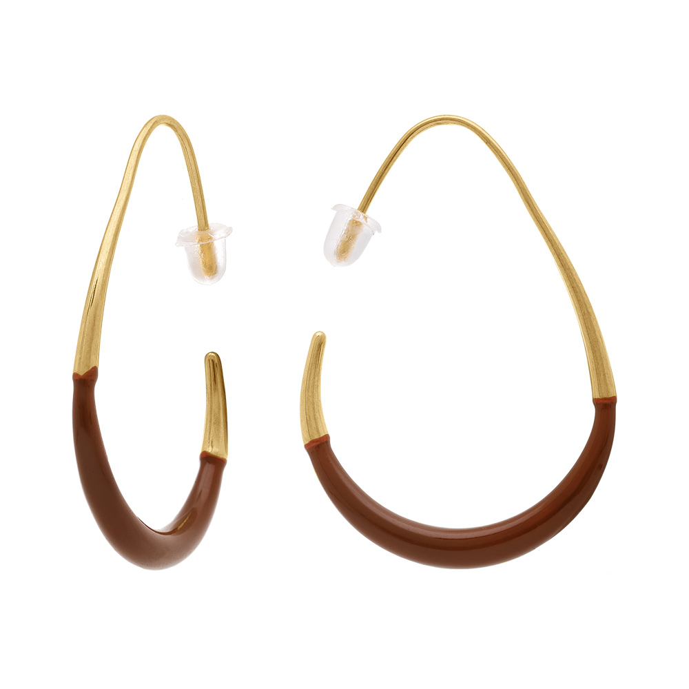 Cr�oles ovales en acier dor� r�sine maron - 37x33mm - Vue 2