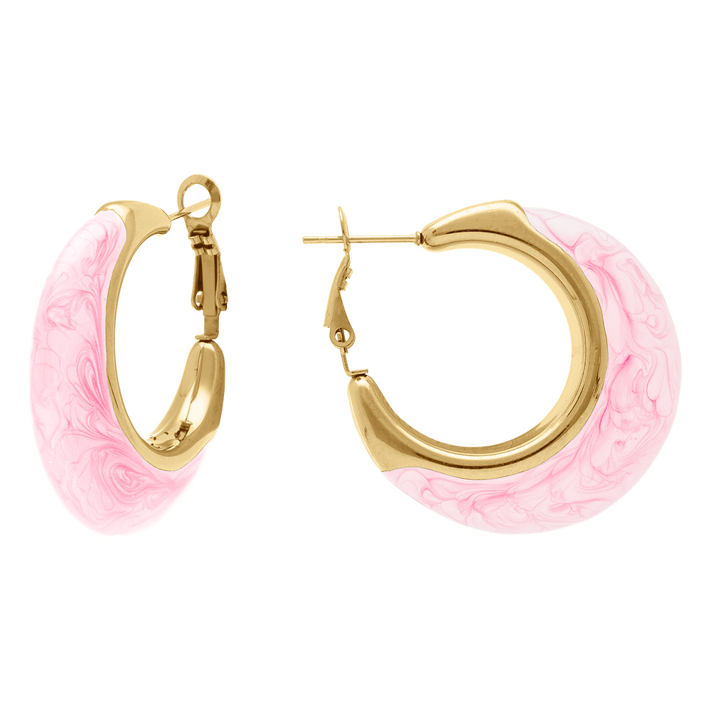 Cr�oles en acier dor� ovale bomb�e 35mm rose clair nacr� tige et clapet - Vue 2